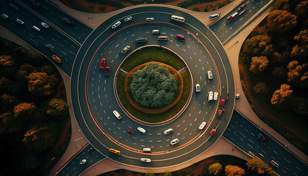 View of highway, traffic in roundabouts is part of everyday life, traffic light trails on the road, Ai generated image 