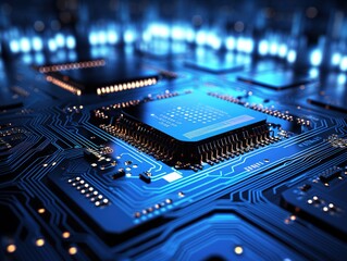 Fototapeta premium Circuit board background. Background with a microcircuit in neon light. Computer technology concept. ai design