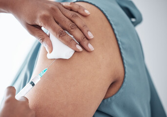 Hands, healthcare and doctor with patient for vaccine in a clinic for medical treatment for...