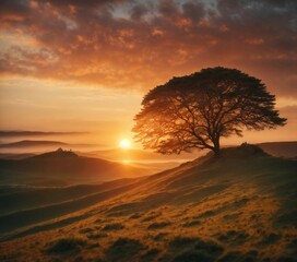 Lonely tree on a hill in the sunset
