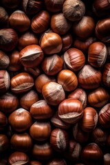 Realistic photo of a bunch of hazelnuts. top view nuts scenery
