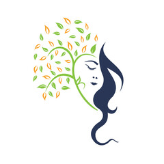 Woman Tree Vector Template Design. Woman Face Leaf Vector Design.	