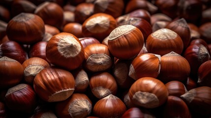 Obraz premium Realistic photo of a bunch of hazelnuts. top view nuts scenery