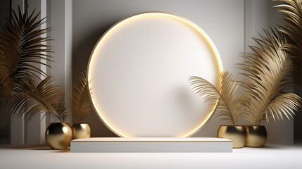 Round white podium and gold palm leaf, Abstract minimal geometric background, Aesthetic summer dais and shadows on the wall, 3D Modern design for product showcase, studio lighting, AI generated.