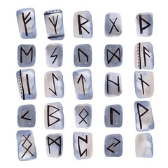 Scandinavian runes carved on stone. Divination set. Group of watercolor elements on a white background. Clipart. Raster illustration for the design of online predictions.