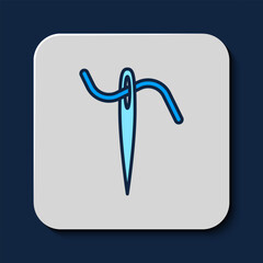 Filled outline Needle for sewing with thread icon isolated on blue background. Tailor symbol. Textile sew up craft sign. Embroidery tool. Vector