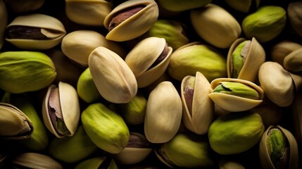 Realistic photo of a bunch of pistachios. top view nuts scenery - obrazy, fototapety, plakaty