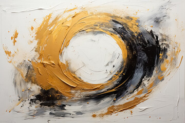 Ölmalerei mit abstrakten haptischen Kreis von dynamischen Pinselstrichen und Farbspachtelauftrag in Weiß, Gold und Schwarz auf Leinwand als Hintergrundtextur. - 639296788