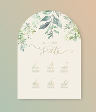 Find your seat wedding card with green watercolor botanical leaves. Abstract floral art background vector design.
