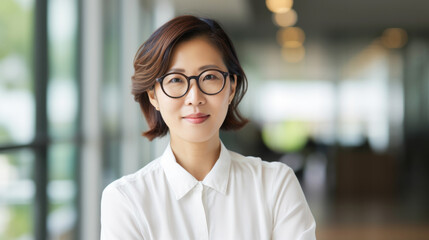 Pretty 45 years old Korean business woman, wearing glasses, formal slick hairstyle, in a modern office building, wearing white shirt, beside a huge window - obrazy, fototapety, plakaty