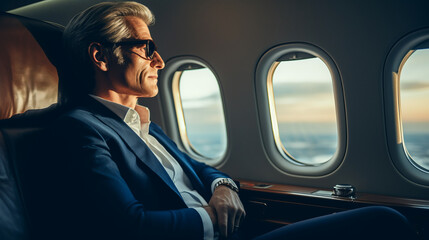Rich billionaire mature man on a seat of his private jet looking through the plane window