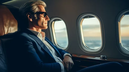 Crédence de cuisine en verre imprimé Ancien avion Rich billionaire mature man on a seat of his private jet looking through the plane window