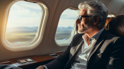 Rich billionaire mature man on a seat of his private jet looking through the plane window