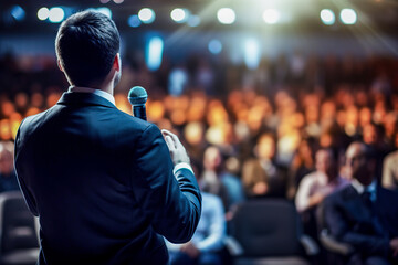 Motivational speaker with microphone performing on stage, in background people sitting in hal.  - obrazy, fototapety, plakaty