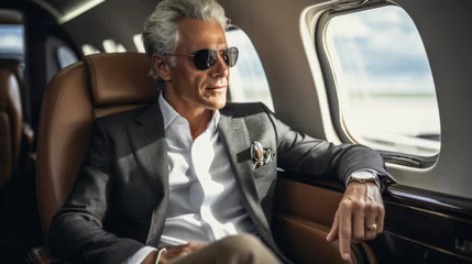 Fotobehang Oud vliegtuig Rich billionaire mature man on a seat of his private jet looking through the plane window