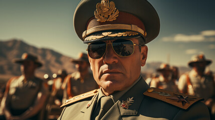 Strong dictator man facing the camera, military general, with military outfit, dictatorship or soviet union concept image - obrazy, fototapety, plakaty