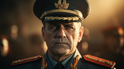 Strong dictator man facing the camera, military general, with military outfit, dictatorship or soviet union concept image