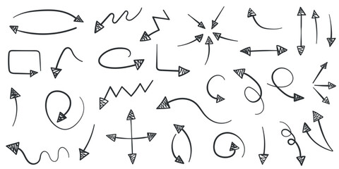 Arrow icon in hand drawn style. Handmade doodle vector illustration on isolated background. Cursor pointer sign business concept.