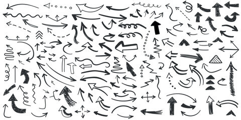 Arrow icon in hand drawn style. Handmade doodle vector illustration on isolated background. Cursor pointer sign business concept.