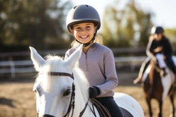 Happy girl kid at equitation lesson looking at camera while riding a horse, wearing horseriding helmet - obrazy, fototapety, plakaty