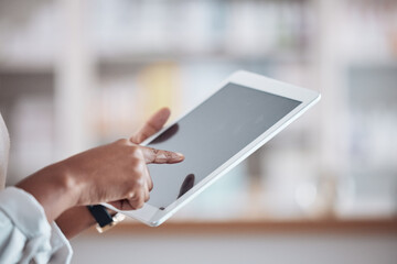 Woman pharmacist with tablet, typing in clinic and research for medical information, email or...