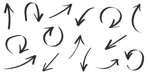 Arrow icon in hand drawn style. Handmade doodle vector illustration on isolated background. Cursor pointer sign business concept.