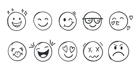 Emojis faces icon in hand drawn style. Doddle emoticons vector illustration on isolated background. Happy and sad face sign business concept. - obrazy, fototapety, plakaty
