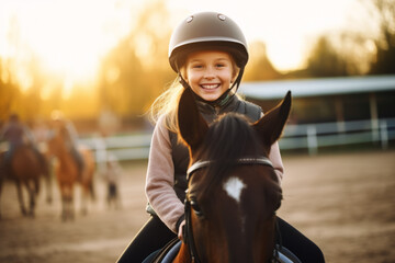 Happy girl kid at equitation lesson looking at camera while riding a horse, wearing horseriding...