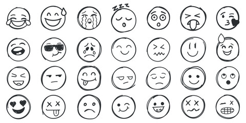 Emojis faces icon in hand drawn style. Doddle emoticons vector illustration on isolated background. Happy and sad face sign business concept. © Lysenko.A