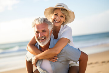 Happy mature senior couple of a man and a woman on the beach piggyback