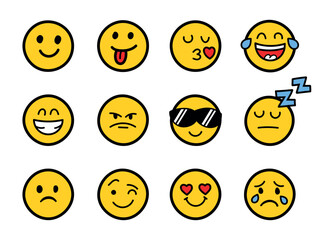 Obraz premium Emojis faces icon in hand drawn style. Doddle emoticons vector illustration on isolated background. Happy and sad face sign business concept.