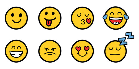 Fototapeta premium Emojis faces icon in hand drawn style. Doddle emoticons vector illustration on isolated background. Happy and sad face sign business concept.