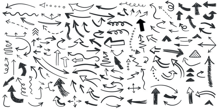 Arrow icon in hand drawn style. Handmade doodle vector illustration on isolated background. Cursor pointer sign business concept.