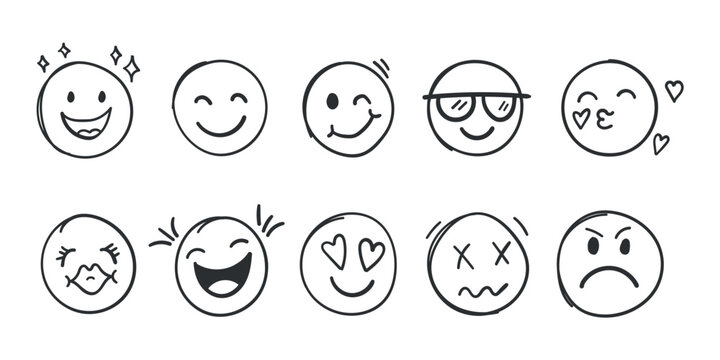 Naklejki Emojis faces icon in hand drawn style. Doddle emoticons vector illustration on isolated background. Happy and sad face sign business concept.