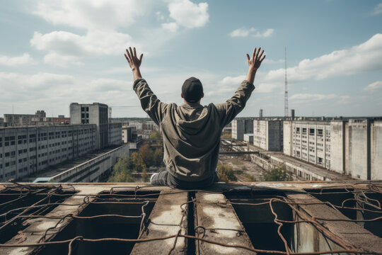 Young man doing urbex at top of an abandoned building in ruins with arms in the air enjoying the view of the city , urban exploration concept image