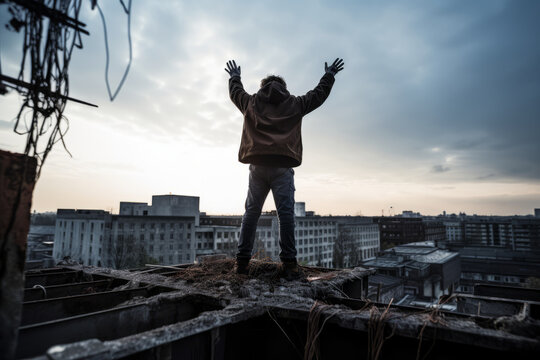 Young man doing urbex at top of an abandoned building in ruins with arms in the air enjoying the view of the city , urban exploration concept image