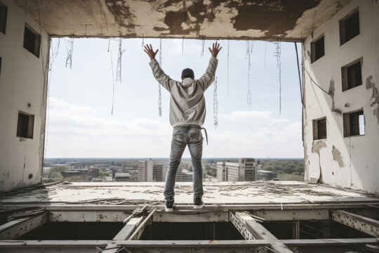 Young man doing urbex at top of an abandoned building in ruins with arms in the air enjoying the view of the city , urban exploration concept image