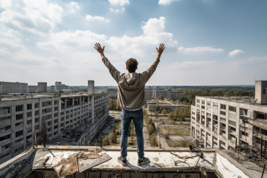 Young man doing urbex at top of an abandoned building in ruins with arms in the air enjoying the view of the city , urban exploration concept image