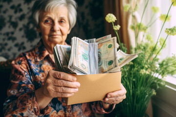 Old lady holds in hands big box full of money in home interior , grandparents inheritance or succession concept image - obrazy, fototapety, plakaty