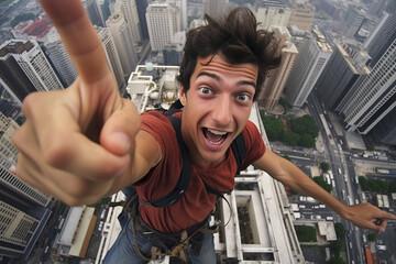 Young urban exploration influencer take selfie picture at top of high rise building dangling himself , urbex or free solo climbing concept image - obrazy, fototapety, plakaty