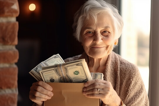 Old lady holds in hands big box full of money in home interior , grandparents inheritance or succession concept image