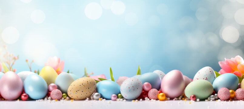 Banner with colorful eggs and flowers for a easter theme background with copy space