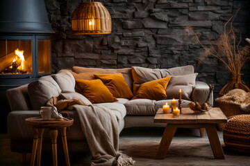 Obraz premium Beautiful and modern autumn interior. A large window with the setting sun, a fire in the fireplace, lighted candles on the table.