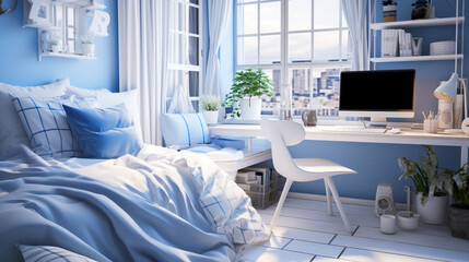 Bright bedroom design bedroom with blue decorations is decorated, In the morning when the sunshines through the window.