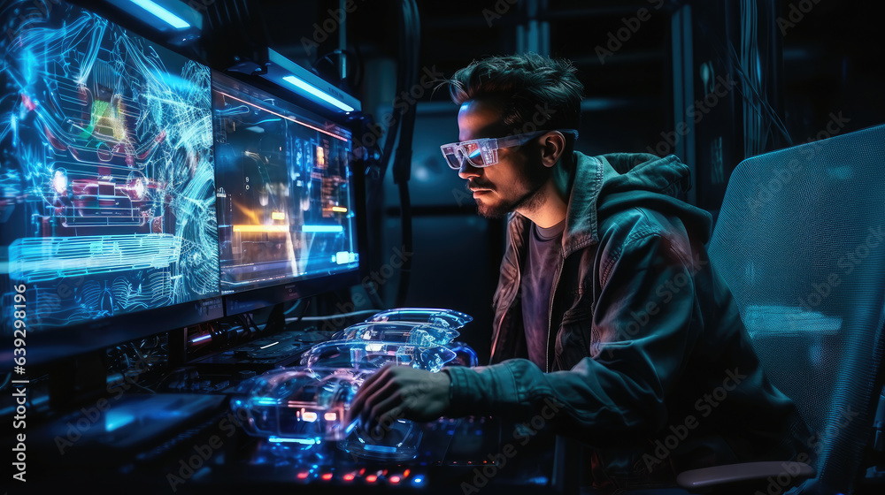 Wall mural generative ai, a man with glasses looks at a holographic transparent 3d screen of the future, a prog