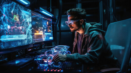 Fototapeta na wymiar Generative AI, a man with glasses looks at a holographic transparent 3D screen of the future, a programmer in virtual reality, artificial intelligence, computer technology, neon, space for text