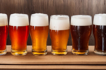 Glasses with craft beer on wooden bar. Tap beer in pint glasses arranged in a row. Closeup of five glasses of different types of draught beer in a pub (2)