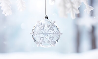 Glas ball with white snowflake decoration on it. Ethereal, fantasy, delicate christmas setting for cold greetings, celebration. Beautiful, seasonal, peaceful xmas mood.