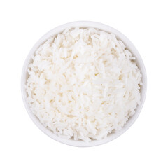 Rice in white bowl isolated on white background. Top view