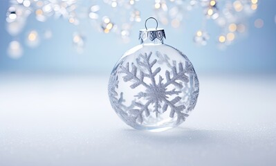 Fototapeta na wymiar Glas ball with white snowflake decoration on it. Ethereal, fantasy, delicate christmas setting for cold greetings, celebration. Beautiful, seasonal, peaceful xmas mood.
